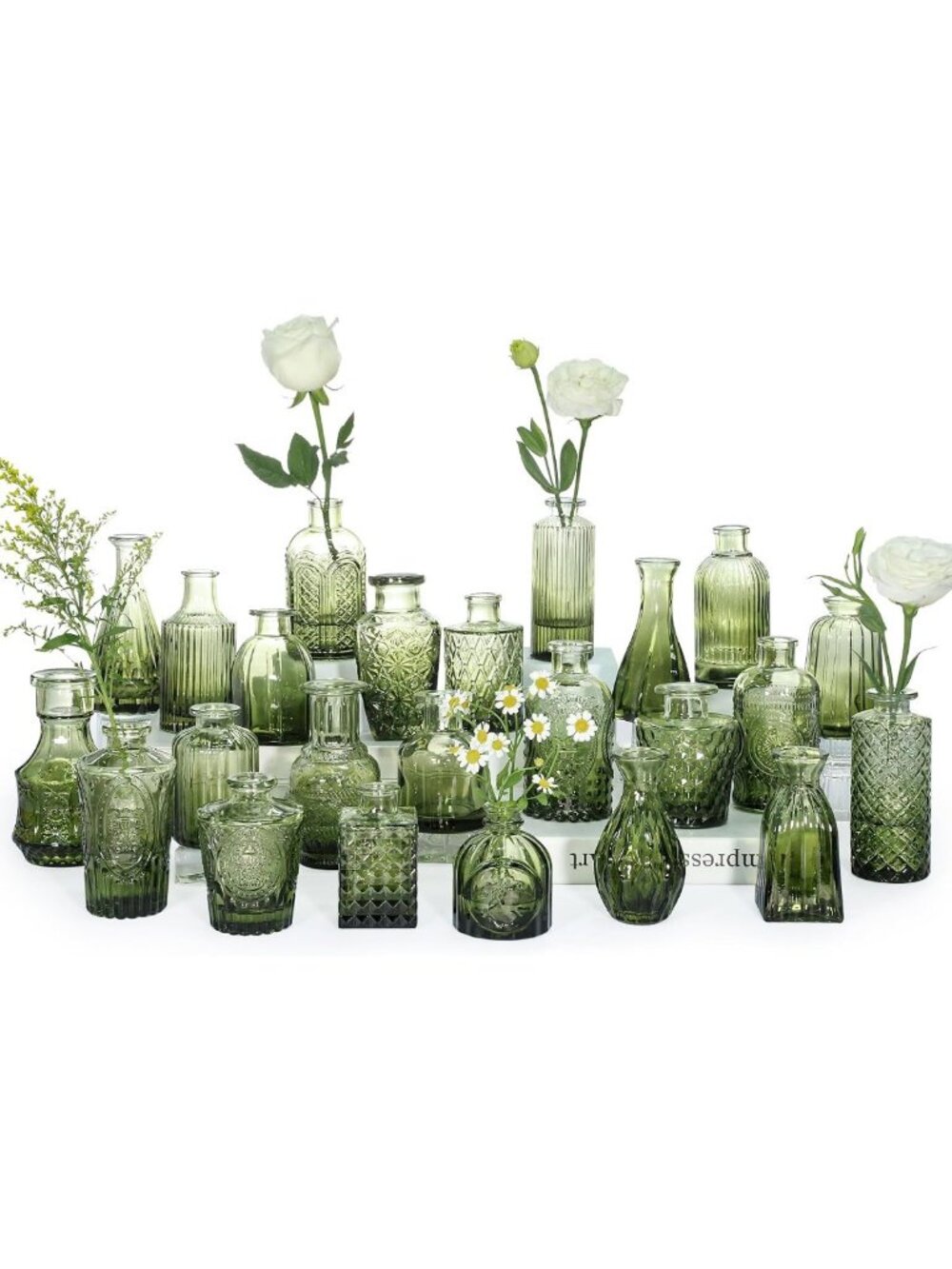 Set of 24 Small Green Glass Bud Vases for Floral Arrangements & Centerpieces